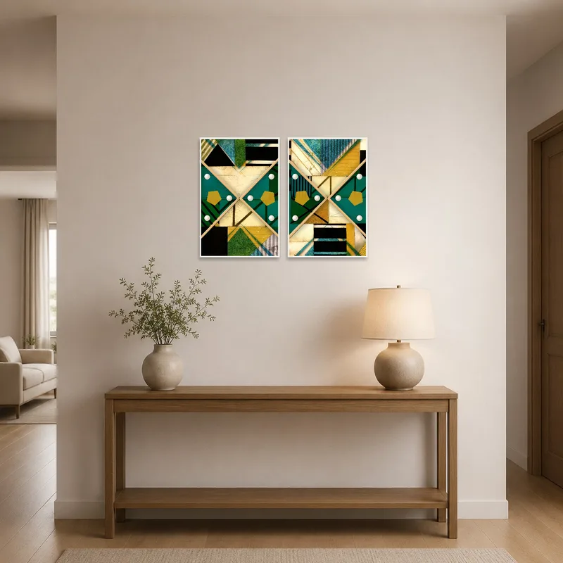 Entrance hall displaying geometric abstract art pair, enhancing the welcoming ambiance.