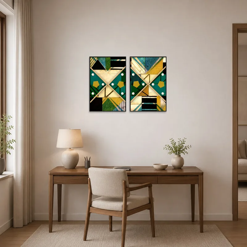 Home office aesthetic uplifted by a pair of geometric abstract artworks, designed for creative flow.
