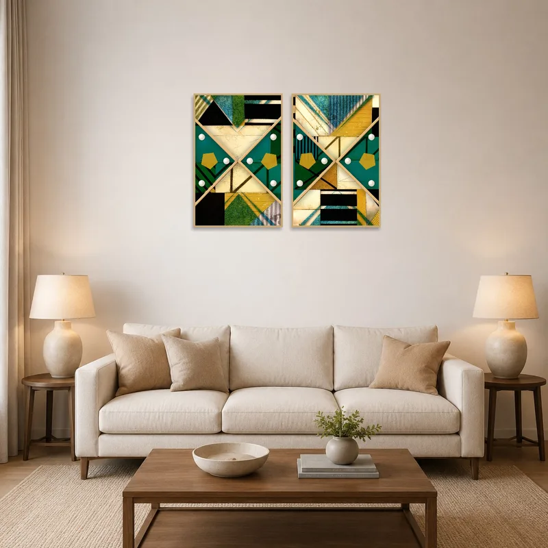 Two geometric abstract art pieces on a living room wall with a sofa nearby.