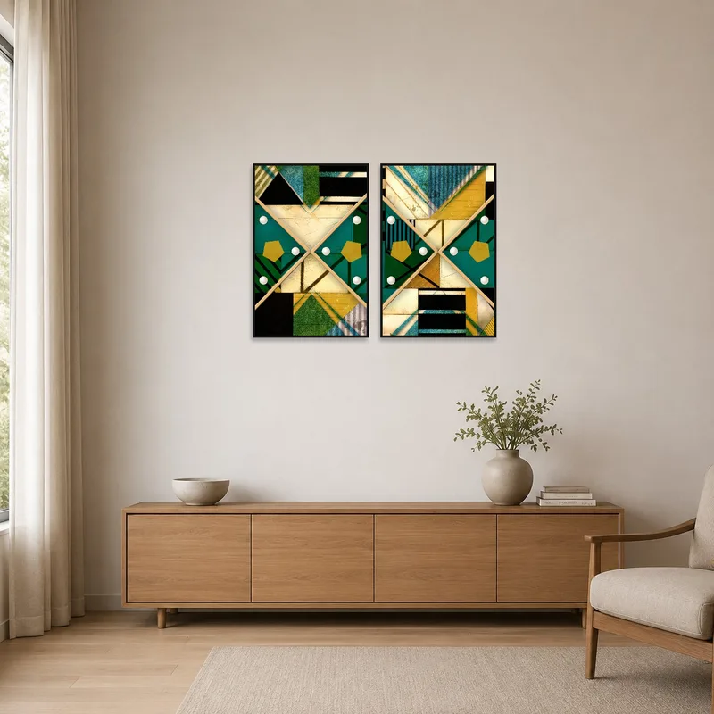 Minimalist room with abstract geometric art set adding texture to white walls.