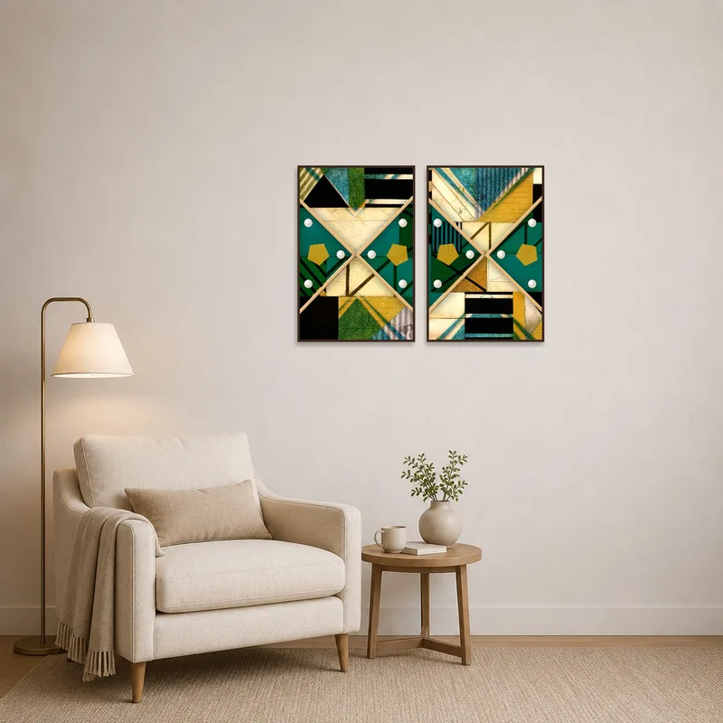 Reading corner complemented by a textured geometric abstract art duo, creating an inspiring nook.