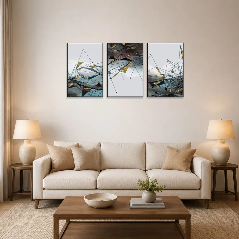 Geometric abstract triptych with gold accents on a living room wall above a modern sofa.