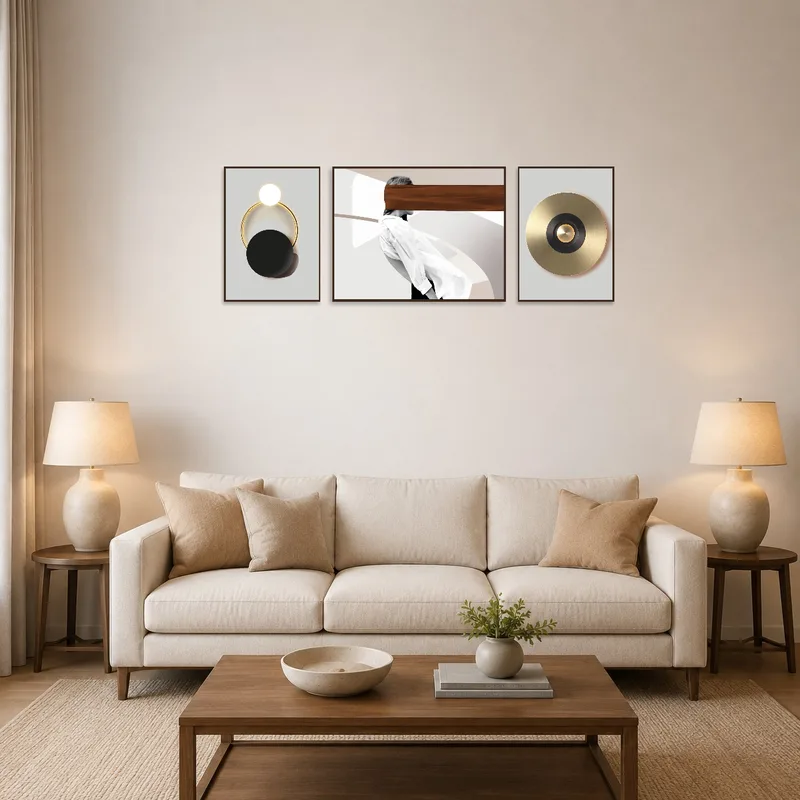 Geometric and abstract triptych set on a living room wall above a sleek modern sofa.