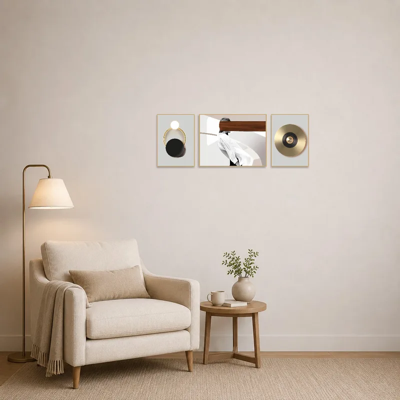 Reading corner with a geometric and abstract triptych set enhancing the cozy ambiance.