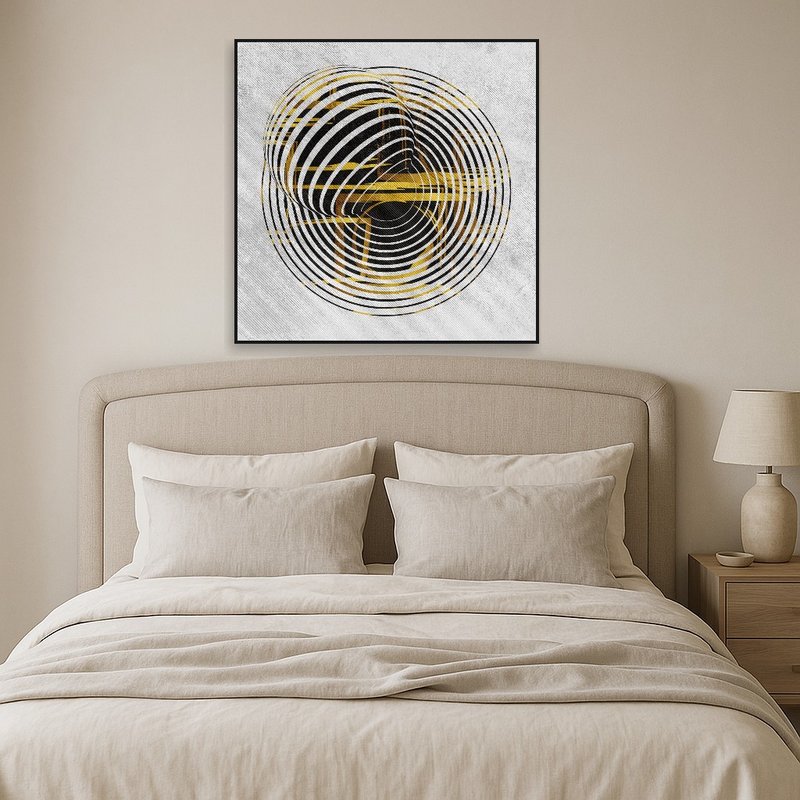 Bold geometric art piece brings contrast to a serene bedroom setting.