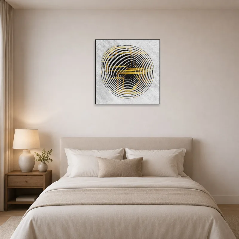 A bedroom with a bold geometric spiral piece adding a touch of energy.