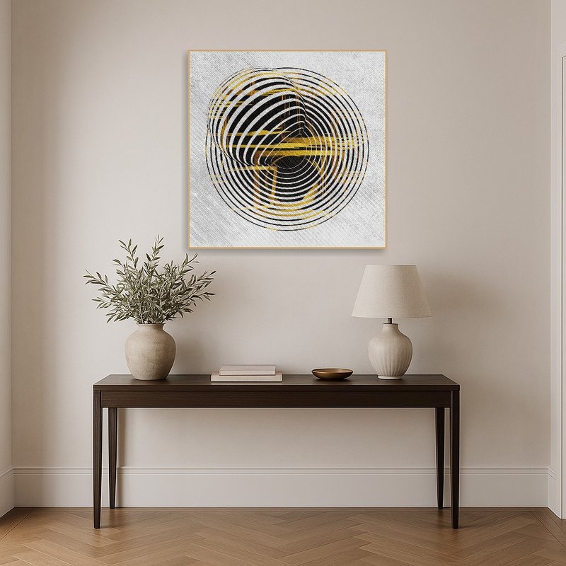 Eye-catching circular abstraction greets in an entrance hall with sleek furniture.