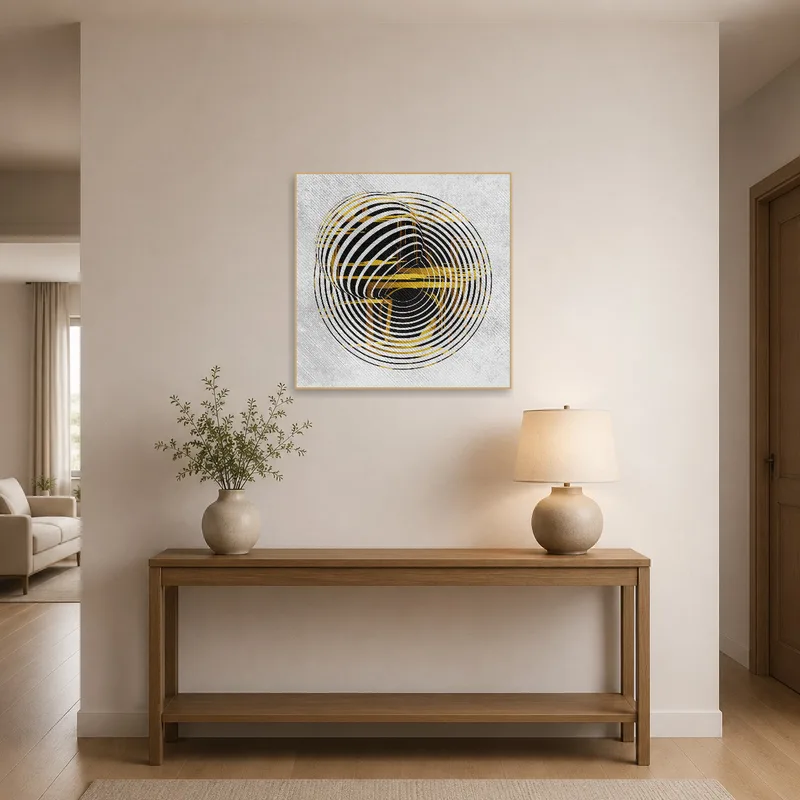 An entrance hall with a captivating geometric spiral artwork.
