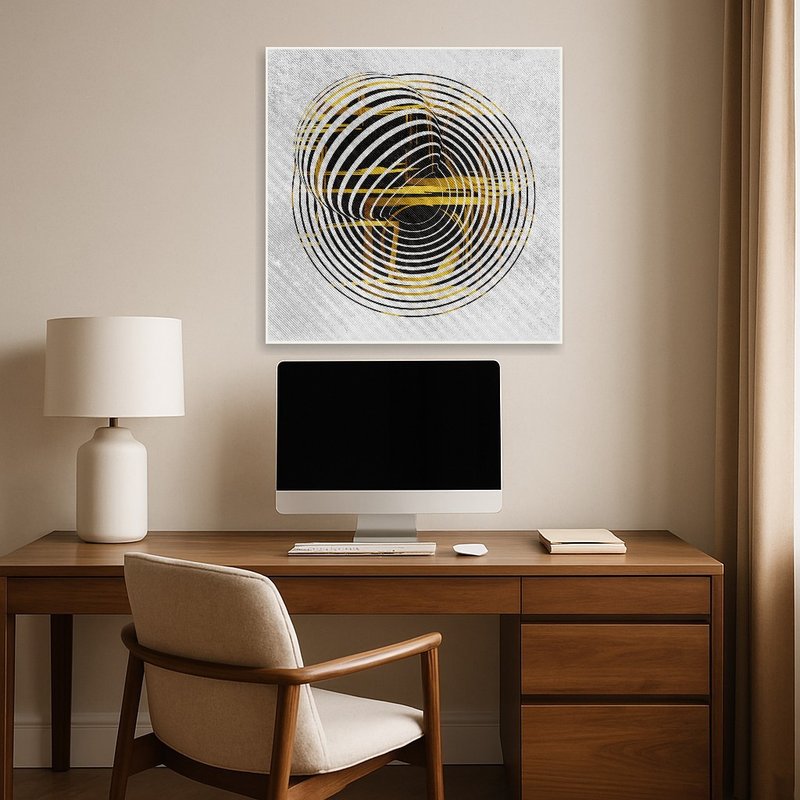 Dynamic black and yellow abstraction energizes a home office wall.