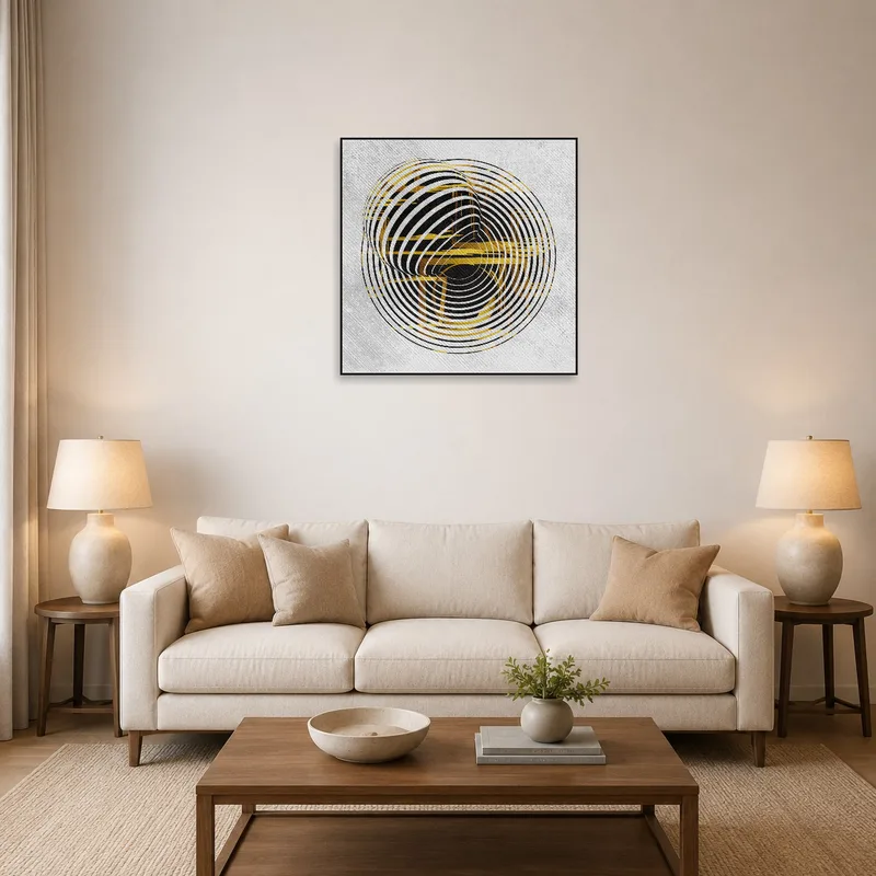 A vibrant geometric spiral design on the wall of a modern living room.