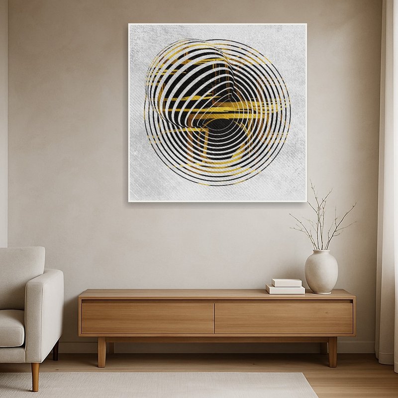 Simple geometric black and yellow art in a minimalist space with neutral tones.