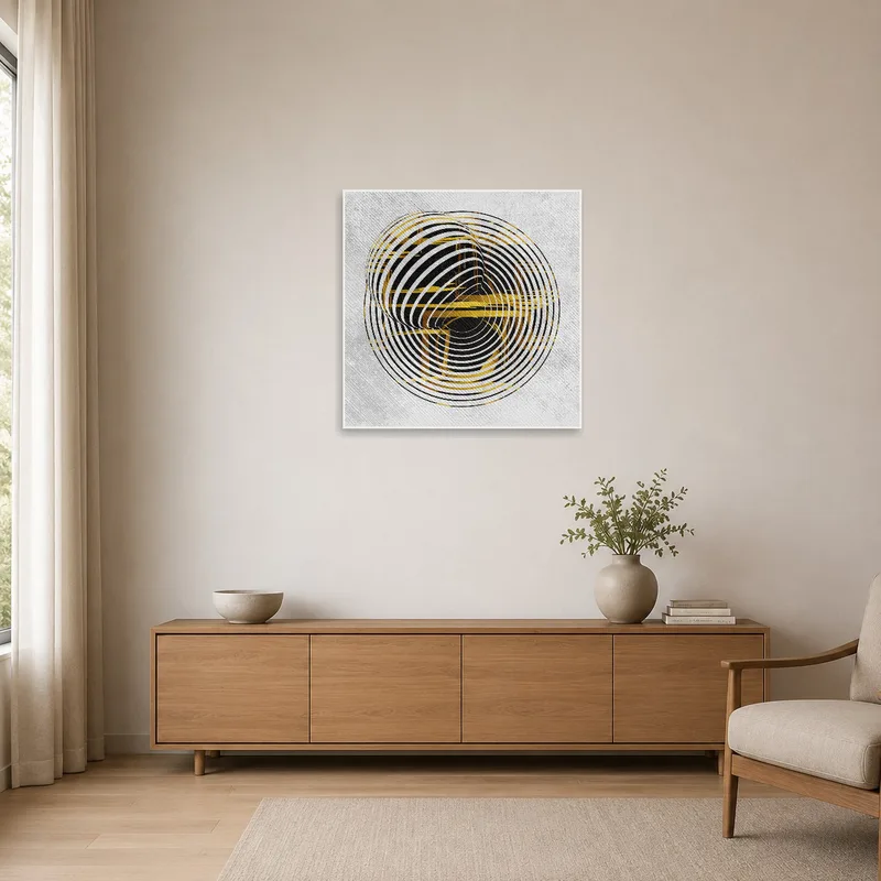 The geometric spiral piece adds a dynamic touch to a minimalist space.