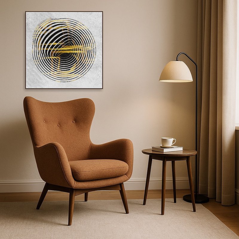 Black and yellow artwork adds intrigue to a cozy reading corner with a comfy chair.