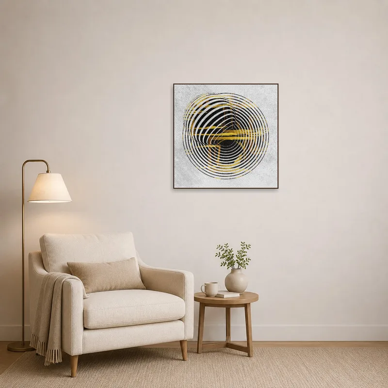A cozy reading corner features a lively geometric spiral design.