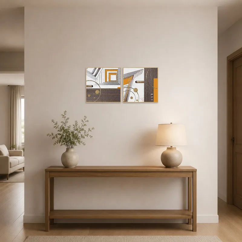 Geometric square art set welcoming guests in an entrance hall.