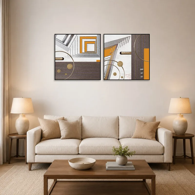 A set of geometric square art pieces on a living room wall above a modern sofa.
