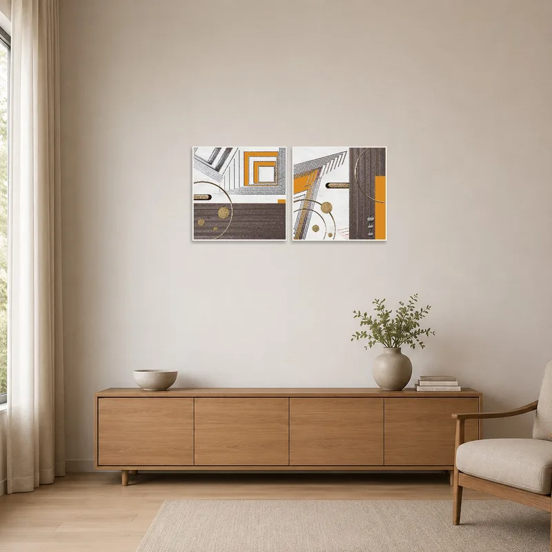 Simple geometric square art against a plain wall in a minimalist setting.