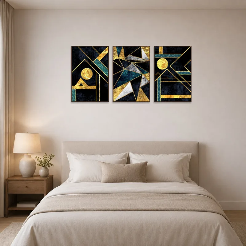 Above the bed, a triptych with teal and gold geometric shapes adds elegance to the bedroom.
