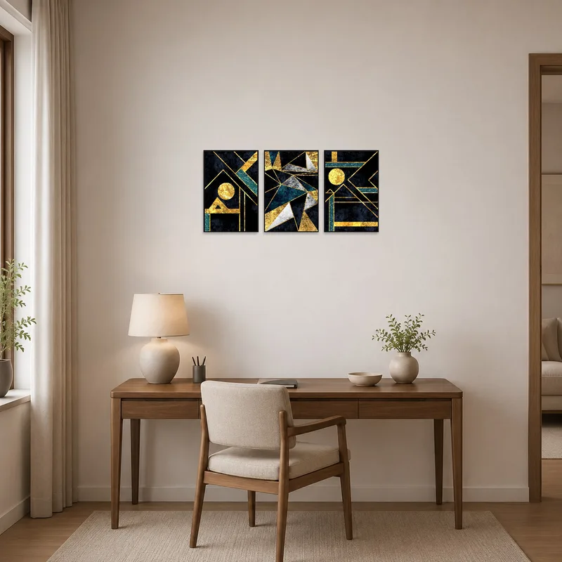 Teal and gold geometric triptych brings creativity to a home office wall.