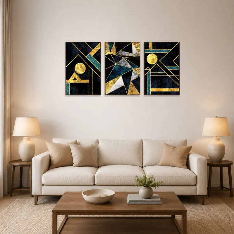 A triptych with gold and teal geometric patterns brightens a modern living-room wall.