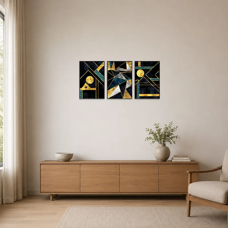 Simple walls enhanced by a gold and teal geometric triptych in a minimalist space.