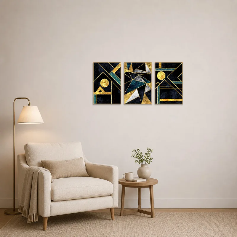 Sophisticated triptych with geometric designs on a teal and gold theme in a cozy reading corner.