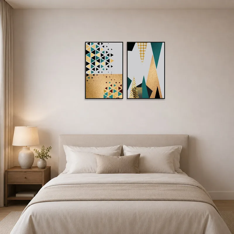 Two-piece geometric collection above a bed in a serene bedroom.