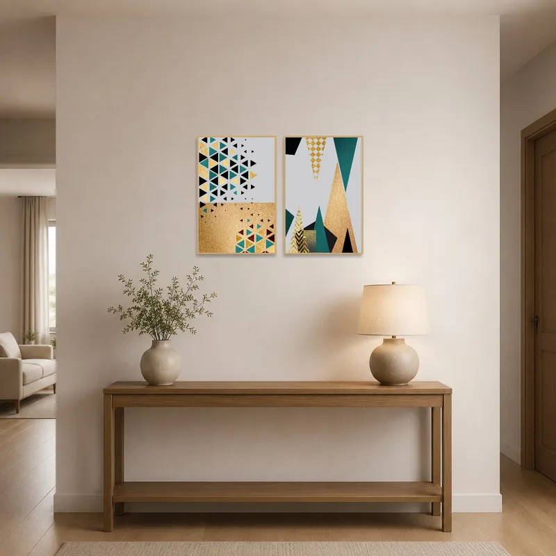 Geometric art duo adding elegance to an entrance hall.