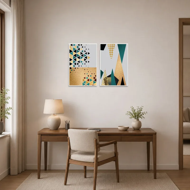 Geometric two-piece art set providing visual interest in a home office.