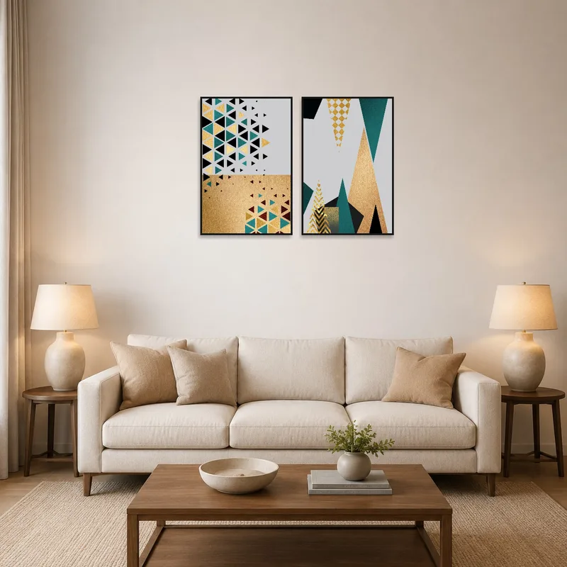 Two-piece geometric art collection on a living room wall with modern furniture.