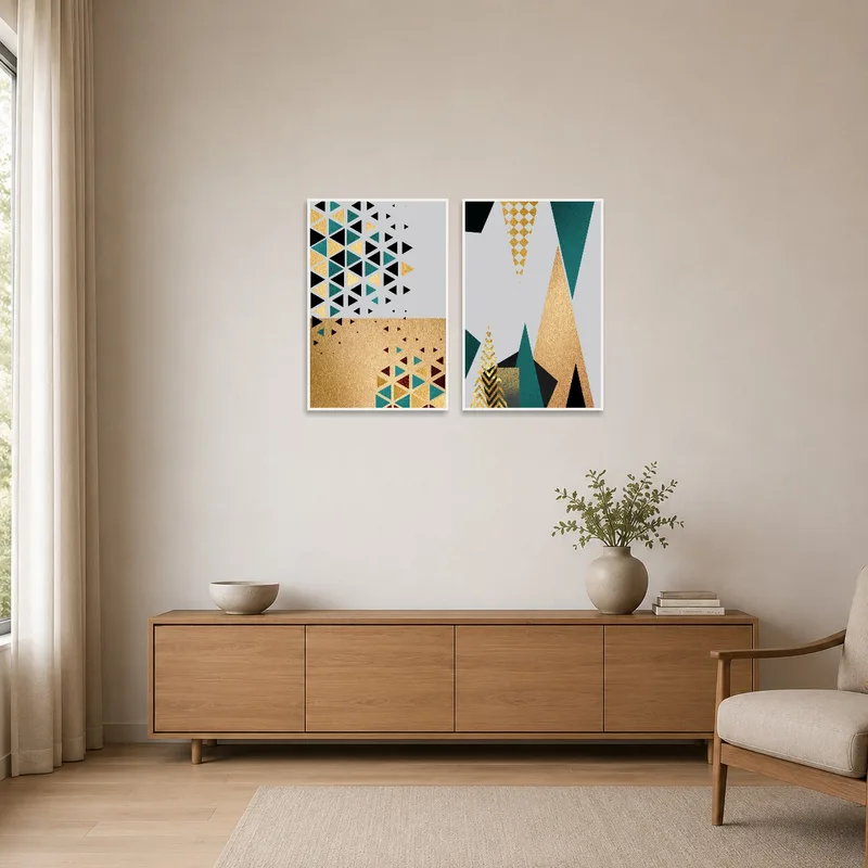 Geometric two-piece art on a minimalist wall with sparse decor.