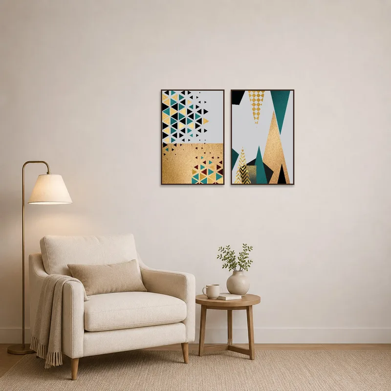 Two-piece geometric collection enhancing a cozy reading corner.