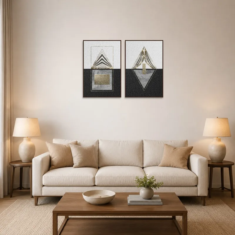Geometric gold and black textured art set on a living room wall above a modern beige sofa.