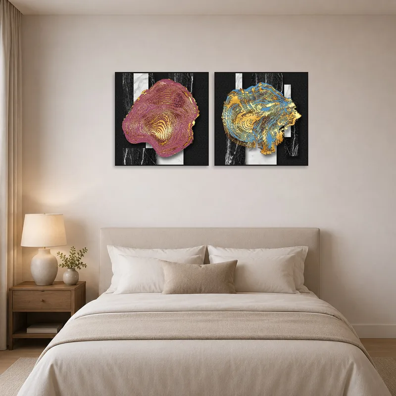 Geometric wood grain metallic set complementing a serene bedroom.