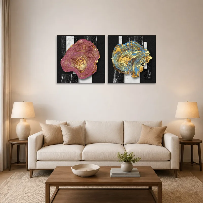 Geometric wood grain metallic artwork above a modern living room sofa.