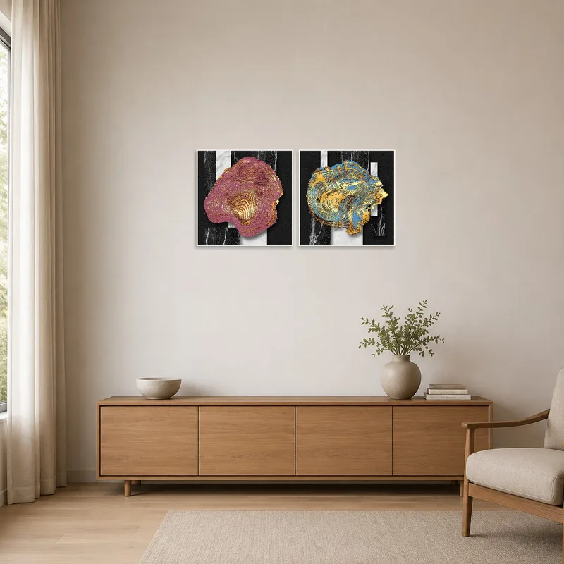 Geometric wood grain metallic piece on a clean, minimalist wall.
