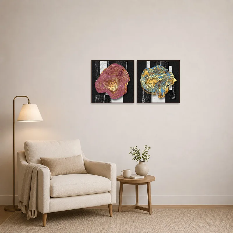 Geometric wood grain metallic art bringing flair to a cozy reading corner.