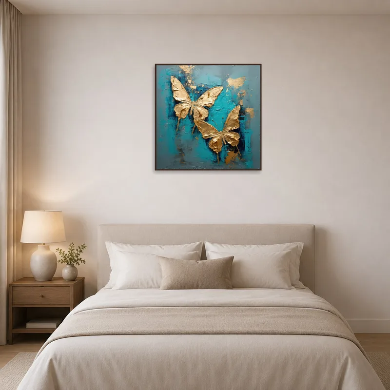 Teal artwork with butterflies adorns a serene bedroom space.