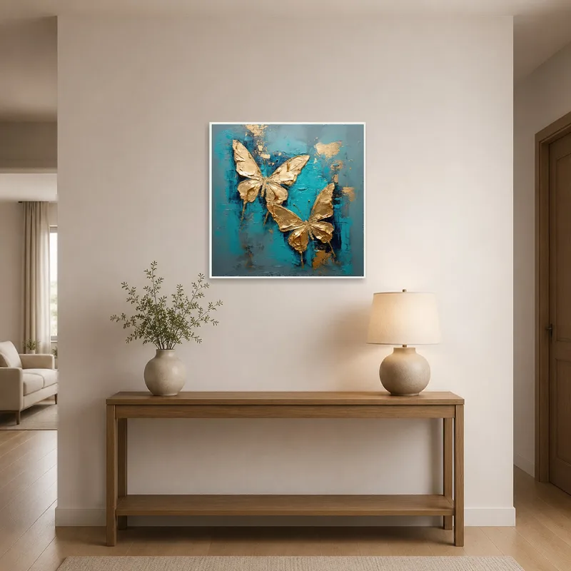 Gold butterflies on teal canvas grace an entrance wall.