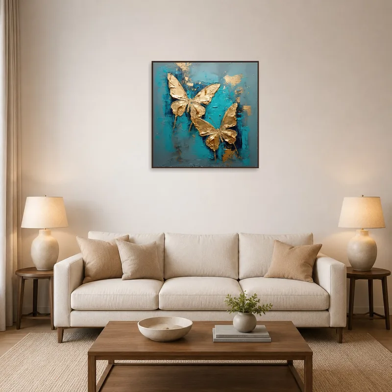 Painting of gilded butterflies on teal hangs above a modern couch.