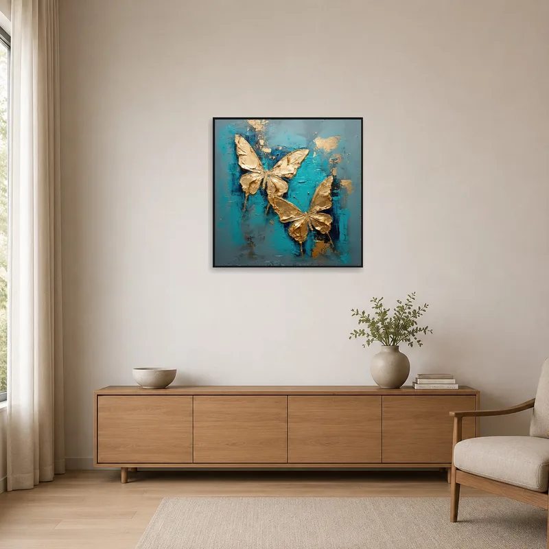 Butterfly art on teal complements a minimalistic white space.