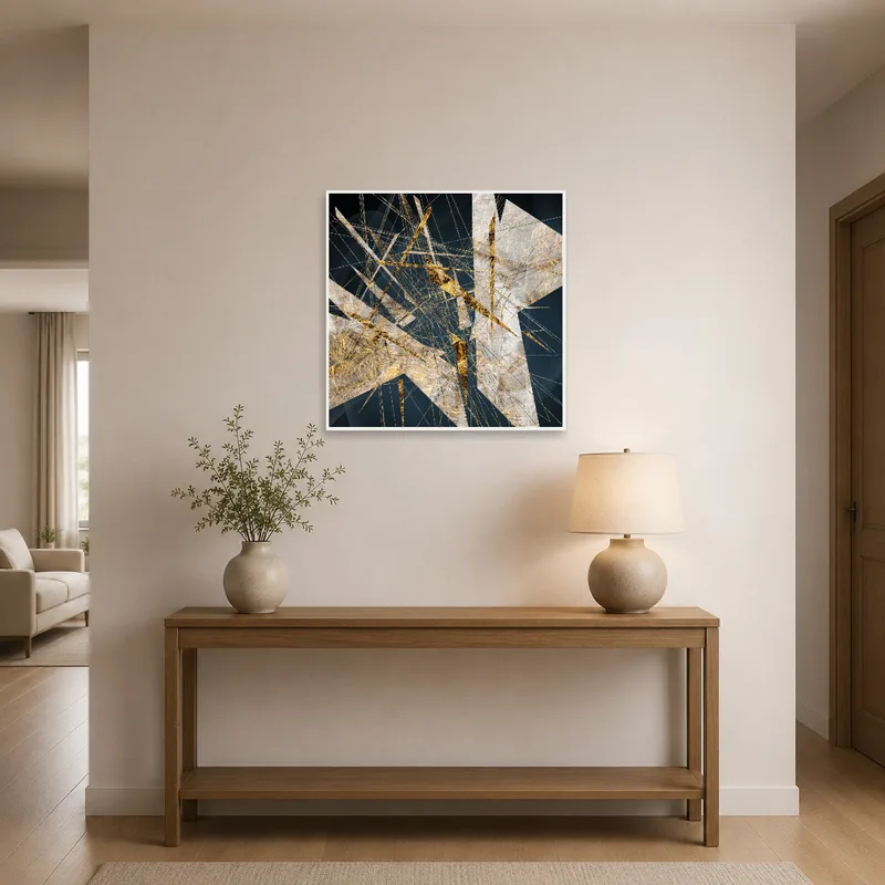 Golden abstract art hanging in an entrance hall, adding elegance to the welcoming space.
