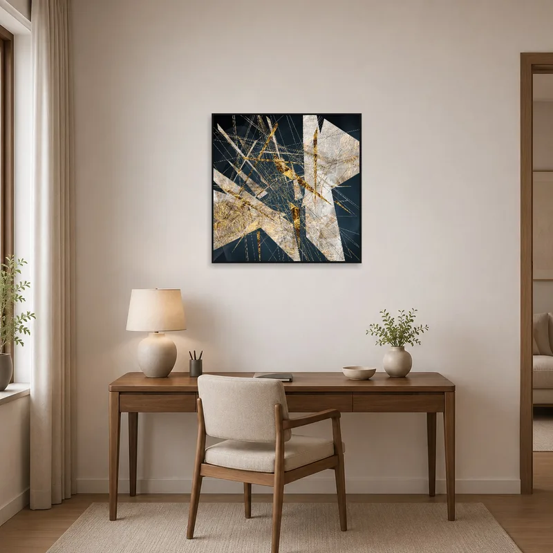 Golden geometric art displayed in a contemporary home office for inspiration.