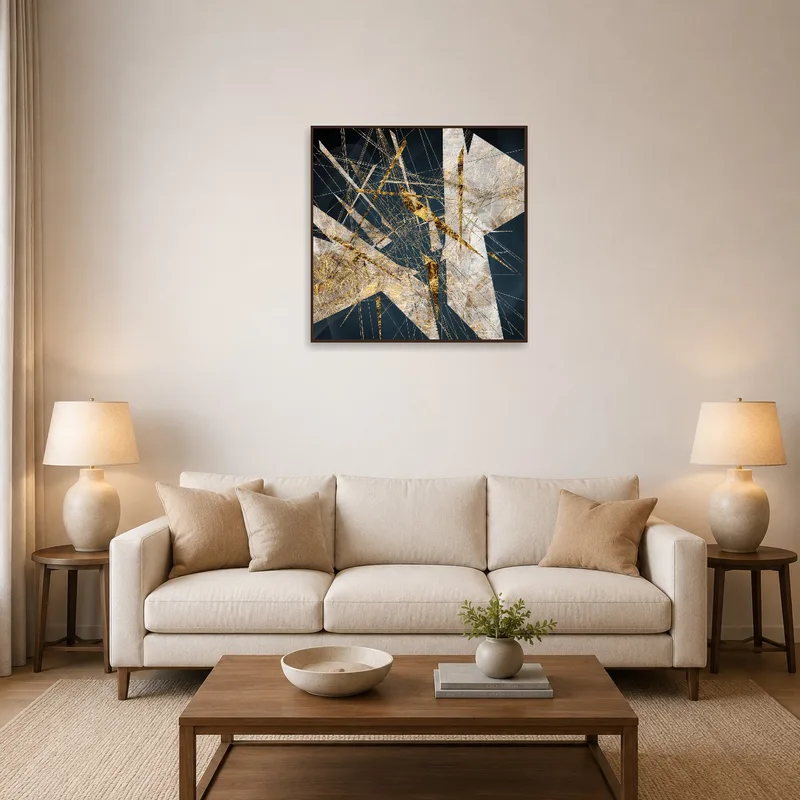 Golden abstract art print on the wall of a stylish living room with modern furniture.