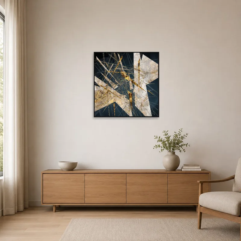 Sleek golden abstract geometric artwork in a clean, minimalist room setting.