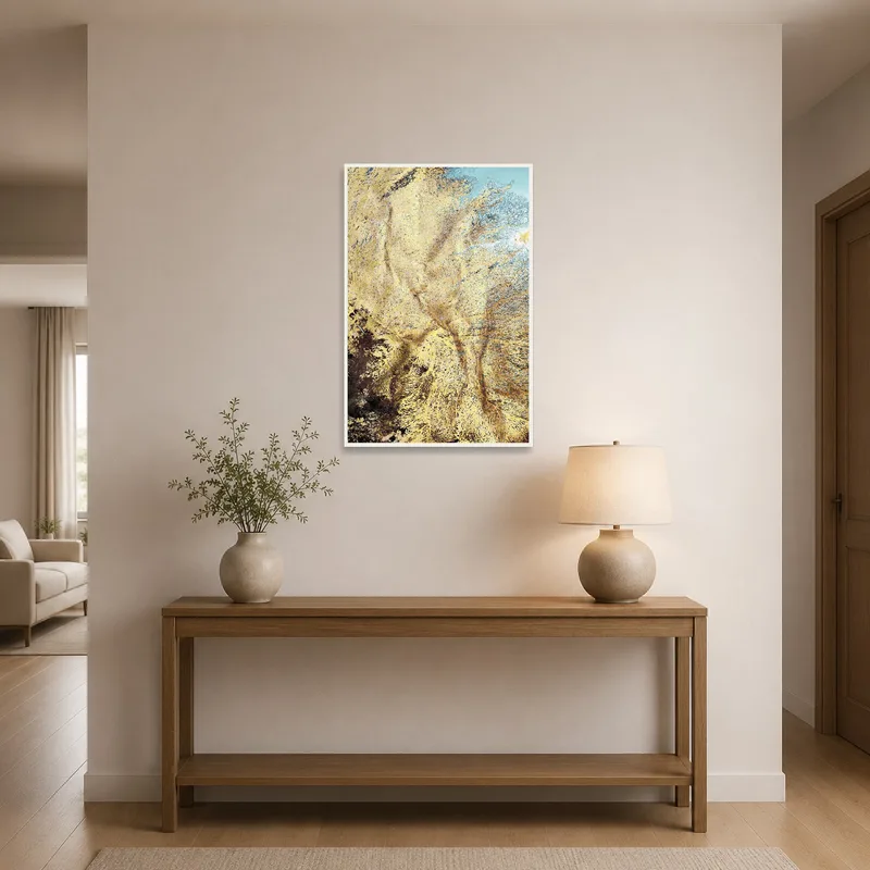Golden abstract art enhancing the entrance hall ambiance.