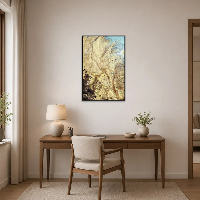 Golden abstract art bringing sophistication to a home office.