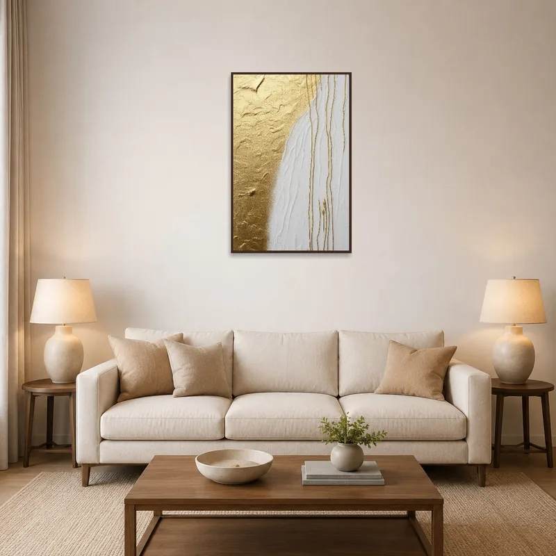 Golden and white abstract artwork on a living room wall with modern furniture.