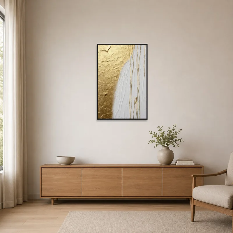 Artwork with gold and white textures in a minimalist room with simple furnishings.