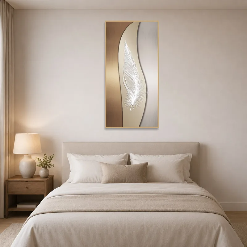 Bedroom with elegant feather art adding a serene touch above a modern headboard.